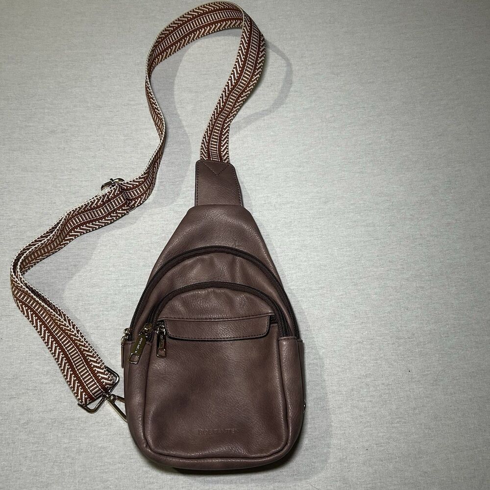 Bostanten faux leather sling bag with a patterned webbing guitar strap